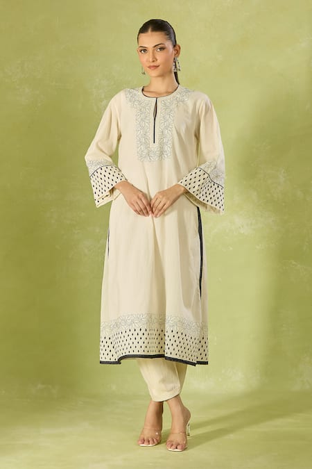 Shop House Of Kotwara Ivory Cotton Embroidery Split V-neck Kurta Set at Aza Fashions Shop_House Of Kotwara_Ivory Cotton Embroidery Split V-neck Kurta Set _at_Aza_Fashions