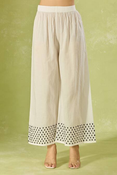 House Of Kotwara Ivory Cotton Embroidery Split V-neck Polka Dot Kurta Set Online at Aza Fashions House Of Kotwara_Ivory Cotton Embroidery Split V-neck Polka Dot Kurta Set _Online_at_Aza_Fashions