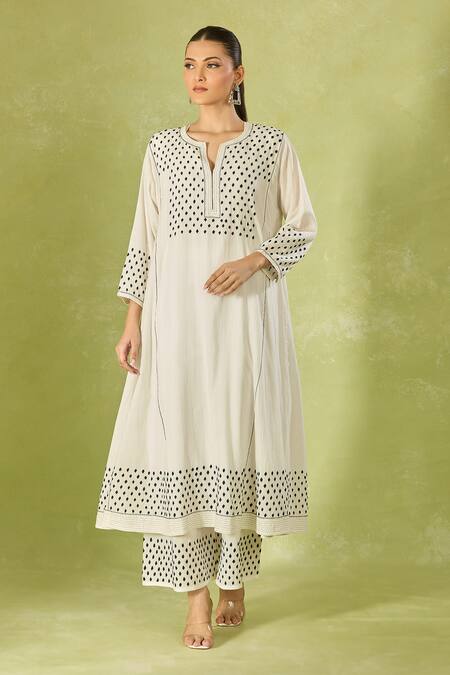 Buy House Of Kotwara Ivory Cotton Embroidery Split V-neck Polka Dot Kurta Set Online at Aza Fashions Buy_House Of Kotwara_Ivory Cotton Embroidery Split V-neck Polka Dot Kurta Set _Online_at_Aza_Fashions