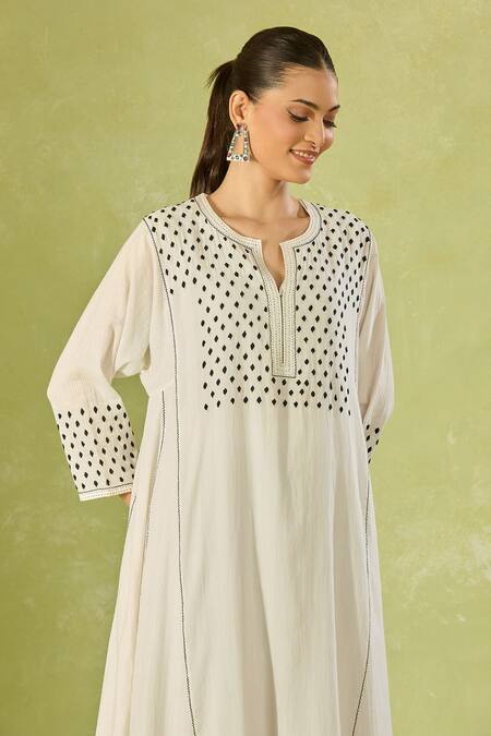 Shop House Of Kotwara Ivory Cotton Embroidery Split V-neck Polka Dot Kurta Set Online at Aza Fashions Shop_House Of Kotwara_Ivory Cotton Embroidery Split V-neck Polka Dot Kurta Set _Online_at_Aza_Fashions