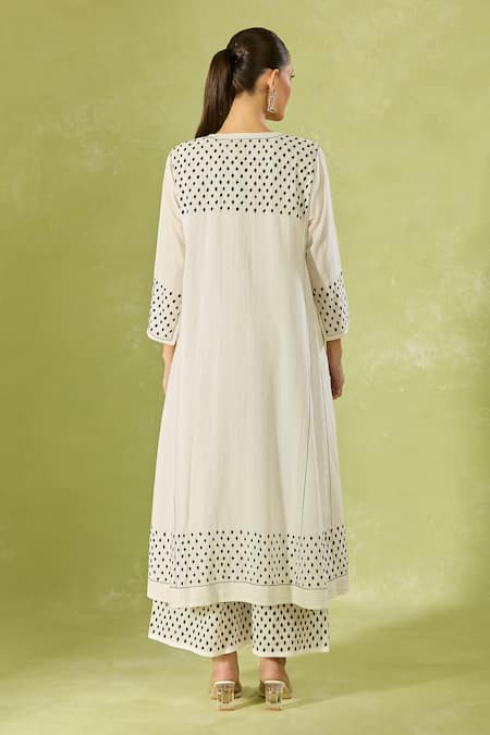 Shop House Of Kotwara Ivory Cotton Embroidery Split V-neck Polka Dot Kurta Set at Aza Fashions Shop_House Of Kotwara_Ivory Cotton Embroidery Split V-neck Polka Dot Kurta Set _at_Aza_Fashions