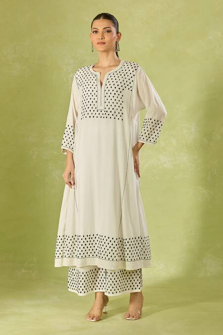 Buy House Of Kotwara Ivory Cotton Embroidery Split V-neck Polka Dot Kurta Set Buy_House Of Kotwara_Ivory Cotton Embroidery Split V-neck Polka Dot Kurta Set