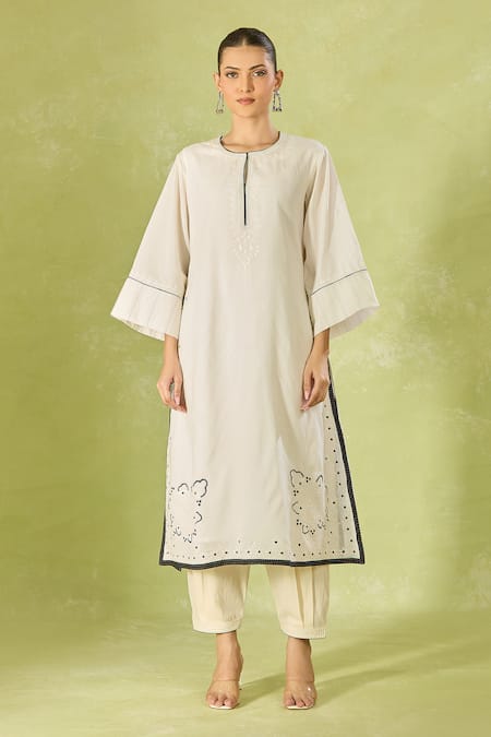 Shop House Of Kotwara Ivory Cotton Embroidery Round Neck Straight Kurta Set Online at Aza Fashions Shop_House Of Kotwara_Ivory Cotton Embroidery Round Neck Straight Kurta Set _Online_at_Aza_Fashions