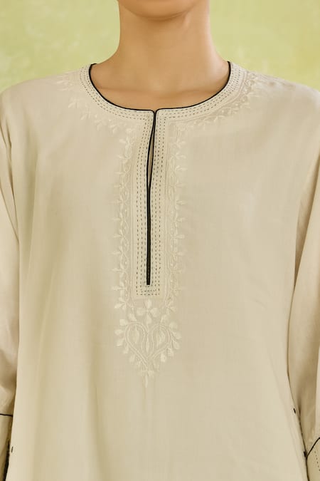 House Of Kotwara Ivory Cotton Embroidery Round Neck Straight Kurta Set at Aza Fashions House Of Kotwara_Ivory Cotton Embroidery Round Neck Straight Kurta Set _at_Aza_Fashions