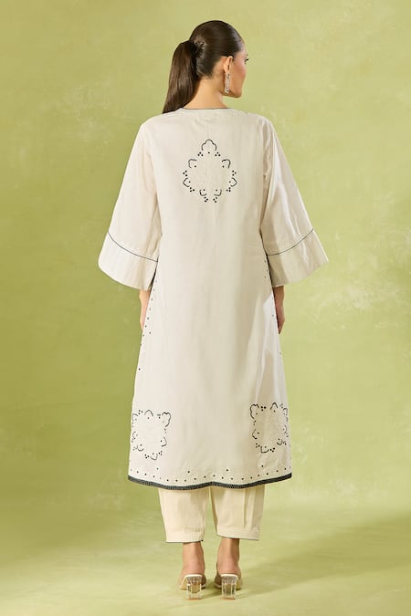 Shop House Of Kotwara Ivory Cotton Embroidery Round Neck Straight Kurta Set at Aza Fashions Shop_House Of Kotwara_Ivory Cotton Embroidery Round Neck Straight Kurta Set _at_Aza_Fashions