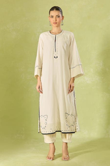 Shop House Of Kotwara Ivory Cotton Embroidery Round , Keyhole Kurta And Pant Set Online at Aza Fashions Shop_House Of Kotwara_Ivory Cotton Embroidery Round , Keyhole Kurta And Pant Set _Online_at_Aza_Fashions