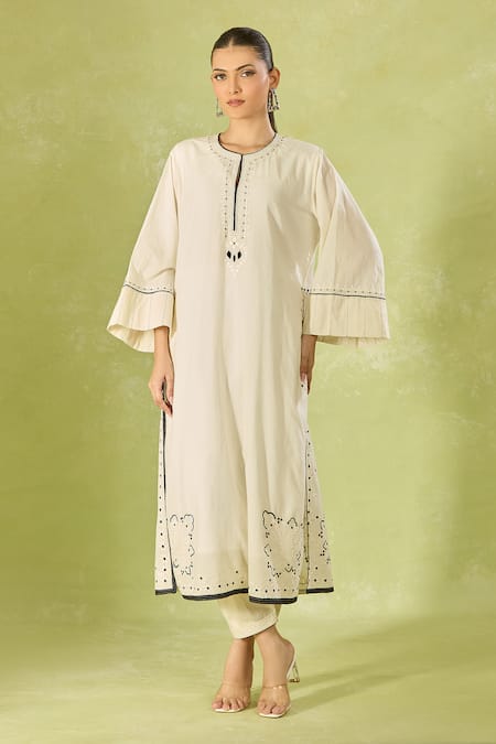 House Of Kotwara Ivory Cotton Embroidery Round , Keyhole Kurta And Pant Set at Aza Fashions House Of Kotwara_Ivory Cotton Embroidery Round , Keyhole Kurta And Pant Set _at_Aza_Fashions