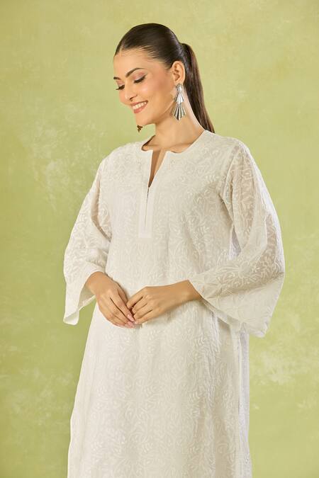 House Of Kotwara White Cotton Embroidery Split V-neck Kurta And Pant Set Online at Aza Fashions House Of Kotwara_White Cotton Embroidery Split V-neck Kurta And Pant Set _Online_at_Aza_Fashions