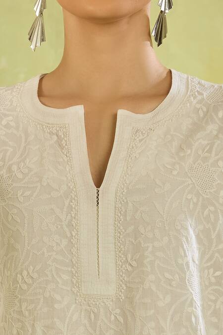 Buy House Of Kotwara White Cotton Embroidery Split V-neck Kurta And Pant Set Online at Aza Fashions Buy_House Of Kotwara_White Cotton Embroidery Split V-neck Kurta And Pant Set _Online_at_Aza_Fashions