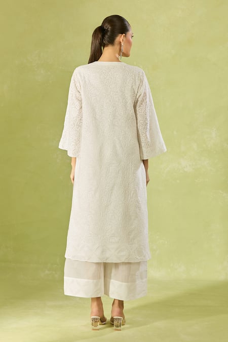 Shop House Of Kotwara White Cotton Embroidery Split V-neck Kurta And Pant Set at Aza Fashions Shop_House Of Kotwara_White Cotton Embroidery Split V-neck Kurta And Pant Set _at_Aza_Fashions