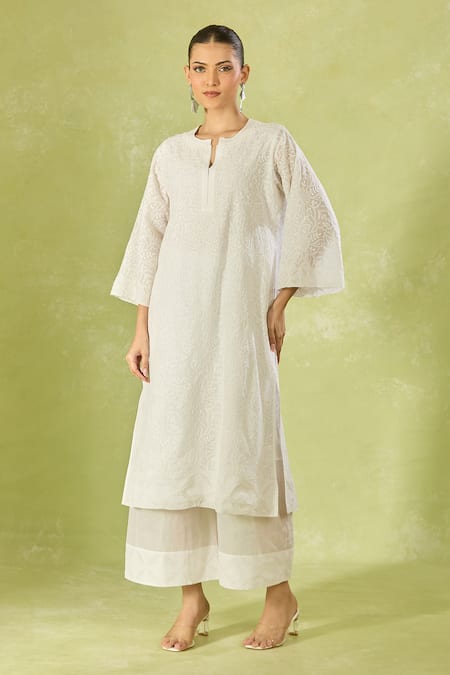 Shop House Of Kotwara White Cotton Embroidery Split V-neck Kurta And Pant Set Online at Aza Fashions Shop_House Of Kotwara_White Cotton Embroidery Split V-neck Kurta And Pant Set _Online_at_Aza_Fashions