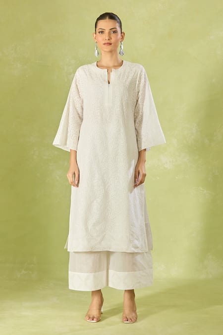 House Of Kotwara White Cotton Embroidery Split V-neck Kurta And Pant Set at Aza Fashions House Of Kotwara_White Cotton Embroidery Split V-neck Kurta And Pant Set _at_Aza_Fashions