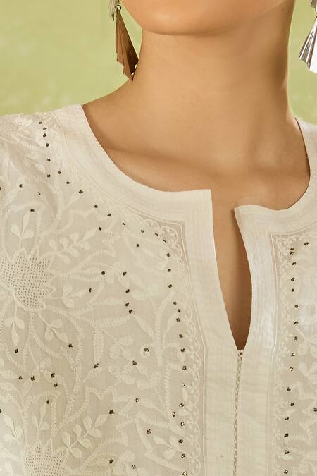 House Of Kotwara_White Cotton Embroidery Split V-neck Kurta Set _at_Aza_Fashions