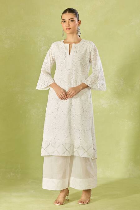 Buy_House Of Kotwara_White Cotton Embroidery Split V-neck Kurta Set 