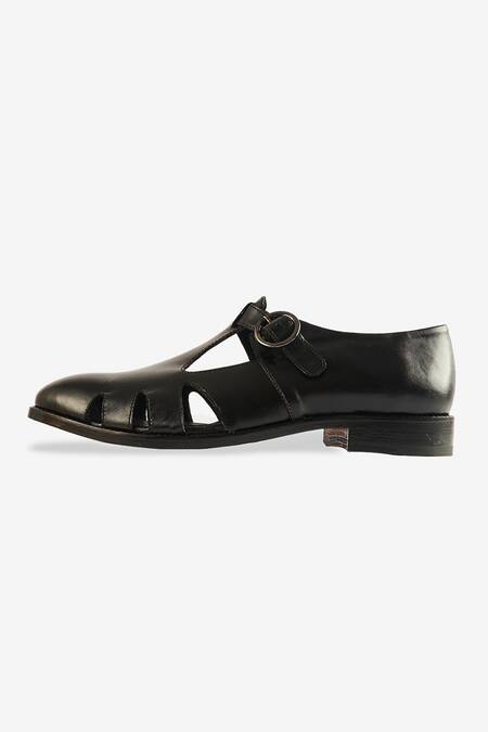Whitemuds_Black Cut Work Giza Leather Sandals _Online_at_Aza_Fashions