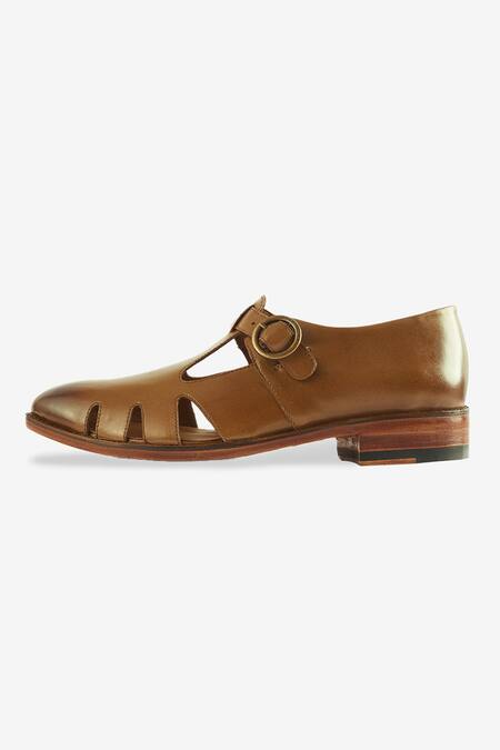 Whitemuds_Brown Cut Work Giza Walnut Leather Sandals _Online_at_Aza_Fashions