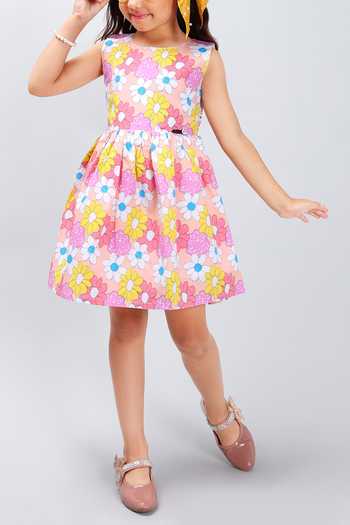 Samyukta Singhania_Peach Poplin Floral Sleeveless Dress_Online_at_Aza_Fashions