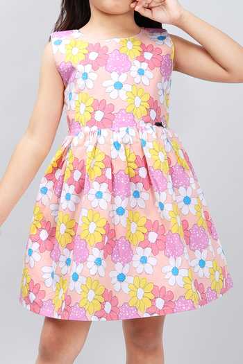Buy_Samyukta Singhania_Peach Poplin Floral Sleeveless Dress_Online_at_Aza_Fashions