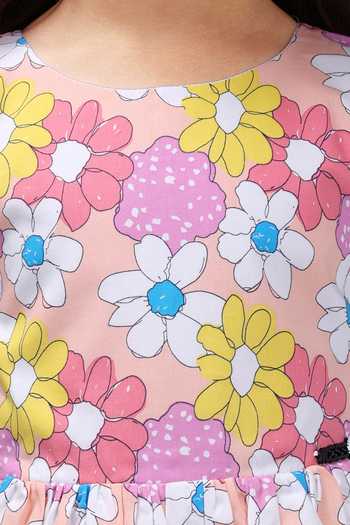 Shop_Samyukta Singhania_Peach Poplin Floral Sleeveless Dress_Online_at_Aza_Fashions