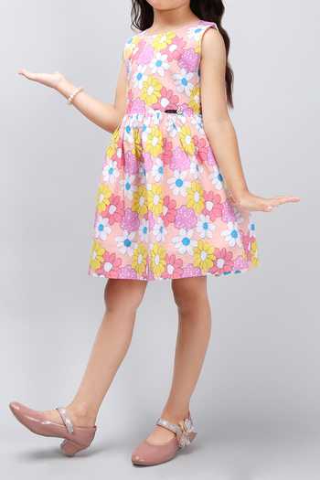 Samyukta Singhania_Peach Poplin Floral Sleeveless Dress_at_Aza_Fashions