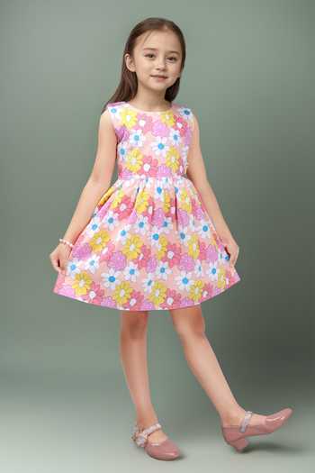 Buy_Samyukta Singhania_Peach Poplin Floral Sleeveless Dress