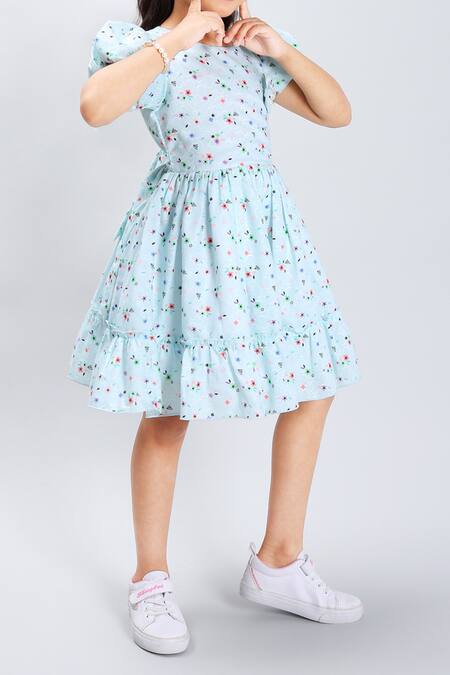 Samyukta Singhania_Blue Cotton Floral Print Dress_Online_at_Aza_Fashions