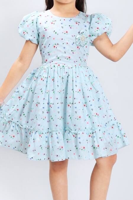 Shop_Samyukta Singhania_Blue Cotton Floral Print Dress_Online_at_Aza_Fashions