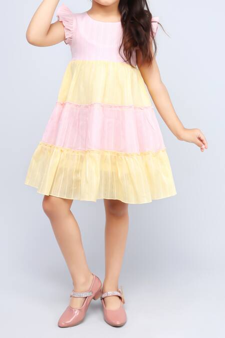 Petite Pomme_Pink Cotton And Yellow Tiered Dress_Online_at_Aza_Fashions
