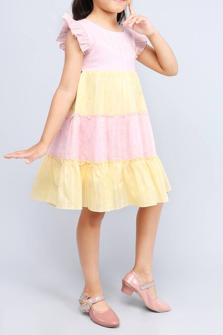 Buy_Petite Pomme_Pink Cotton And Yellow Tiered Dress_Online_at_Aza_Fashions