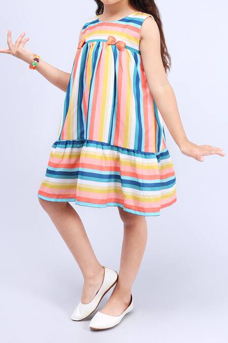 Samyukta Singhania_Multi Color Cotton Bows Striped Dress With Ruffle Hem_Online_at_Aza_Fashions