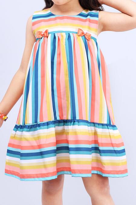 Buy_Samyukta Singhania_Multi Color Cotton Bows Striped Dress With Ruffle Hem_Online_at_Aza_Fashions
