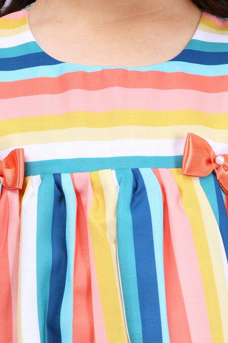 Shop_Samyukta Singhania_Multi Color Cotton Bows Striped Dress With Ruffle Hem_Online_at_Aza_Fashions