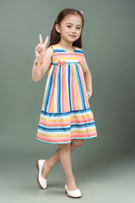 Samyukta Singhania_Multi Color Cotton Bows Striped Dress With Ruffle Hem_at_Aza_Fashions