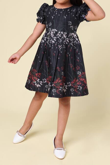 Petite Pomme_Black Linen Floral Printed Dress With Puff Sleeves_Online_at_Aza_Fashions