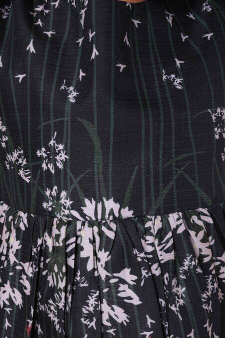 Shop_Petite Pomme_Black Linen Floral Printed Dress With Puff Sleeves_Online_at_Aza_Fashions