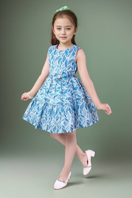 Petite Pomme_Blue Cotton Zari Mermaid Printed Dress_at_Aza_Fashions