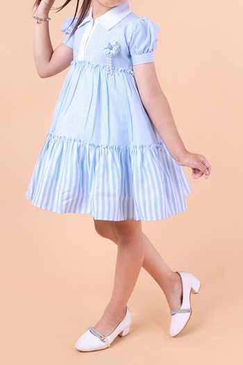 Buy_Petite Pomme_Blue Cotton Sleeveless Stripe Printed Dress_Online_at_Aza_Fashions