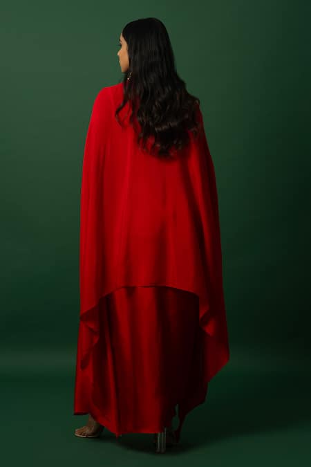 Day And Mood Red Chiffon Dhoti Set With Cape 