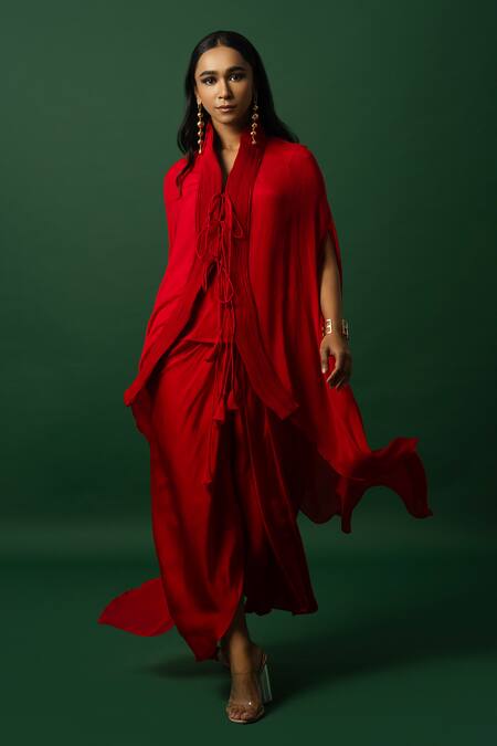Day And Mood_Red Chiffon, Georgette Dhoti Set With Cape _at_Aza_Fashions