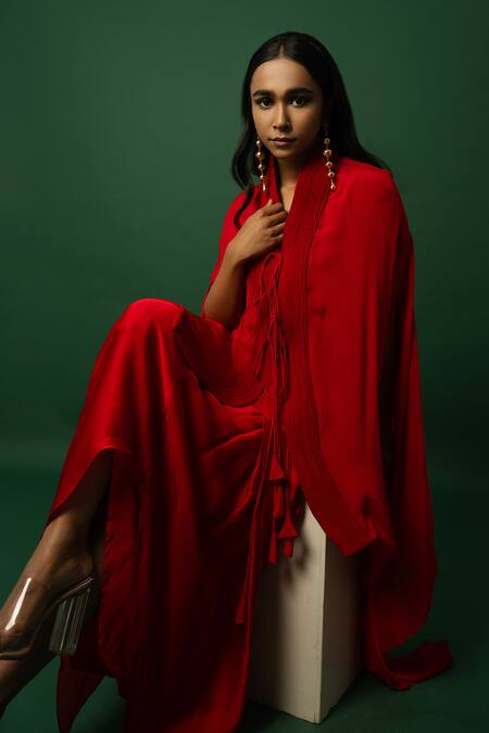 Buy_Day And Mood_Red Chiffon, Georgette Dhoti Set With Cape 