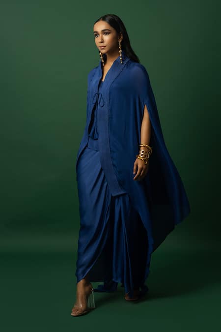 Shop_Day And Mood_Blue Chiffon, Georgette Dhoti Set With Cape _Online_at_Aza_Fashions
