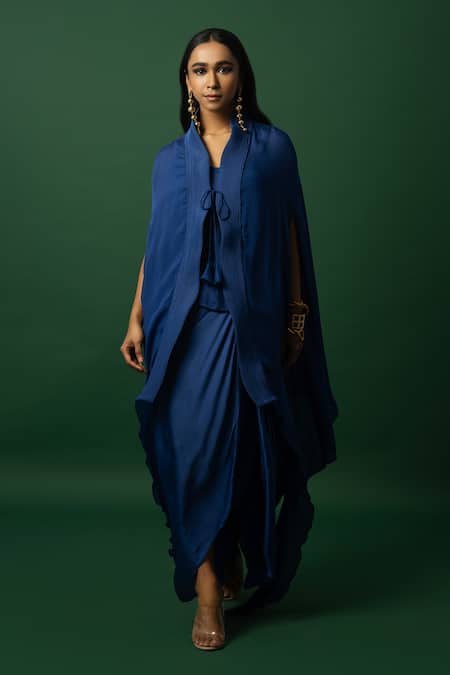 Day And Mood_Blue Chiffon, Georgette Dhoti Set With Cape _at_Aza_Fashions