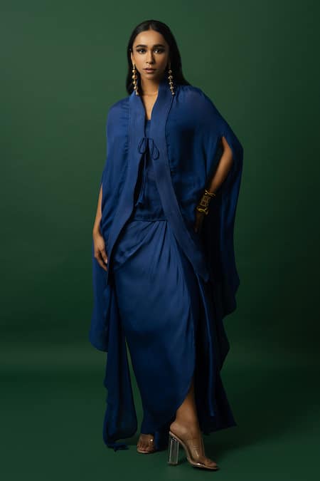DAY AND MOOD Blue Chiffon Dhoti Set with Cape 