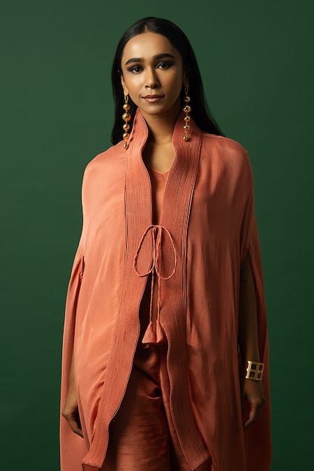 Day And Mood Orange Chiffon, Georgette Burnt Dhoti Cape Set Online at Aza Fashions Day And Mood_Orange Chiffon, Georgette Burnt Dhoti Cape Set _Online_at_Aza_Fashions