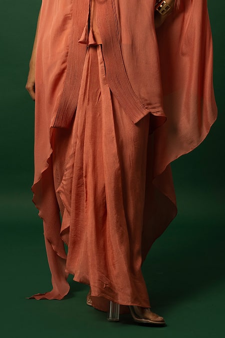 Buy Day And Mood Orange Chiffon, Georgette Burnt Dhoti Cape Set Online at Aza Fashions Buy_Day And Mood_Orange Chiffon, Georgette Burnt Dhoti Cape Set _Online_at_Aza_Fashions
