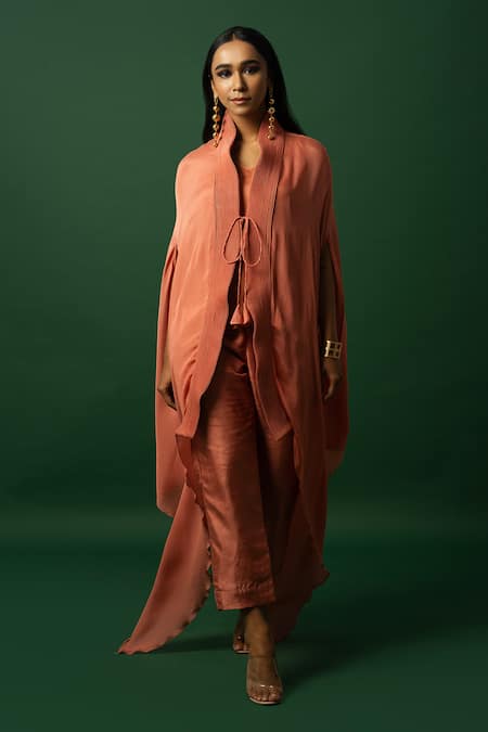 Shop Day And Mood Orange Chiffon, Georgette Burnt Dhoti Cape Set Online at Aza Fashions Shop_Day And Mood_Orange Chiffon, Georgette Burnt Dhoti Cape Set _Online_at_Aza_Fashions