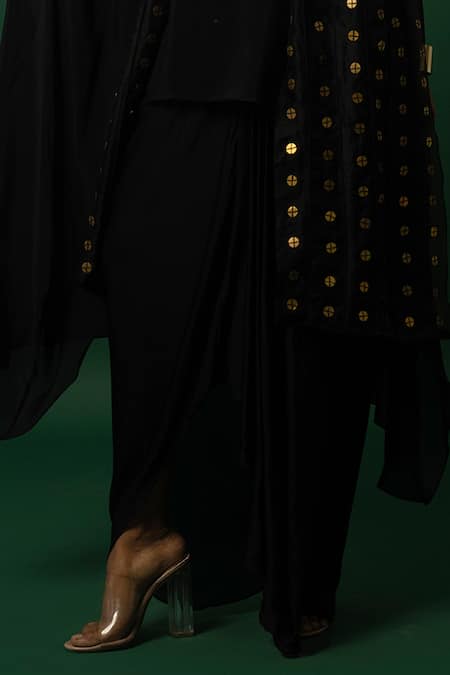 Buy_Day And Mood_Black Chiffon, Georgette, Organza Dhoti Skirt And Cape Set _Online_at_Aza_Fashions