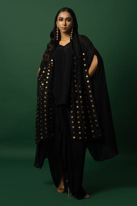 Day And Mood Black Dhoti Skirt & Cape Set 