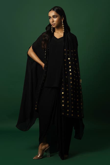 DAY AND MOOD Black Dhoti Skirt And Cape Set