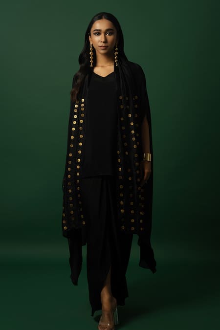 Day And Mood_Black Chiffon, Georgette, Organza Dhoti Skirt And Cape Set _at_Aza_Fashions